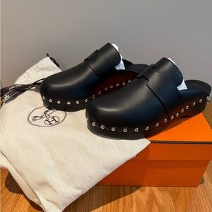 Brand New in Box Hermes Black Clogs with silver studs Size 37